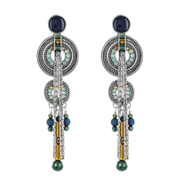 Image of tribal style silver disc earrings embellished with gold, blue and turquoise beads, a hand painted motif and silver tassels.