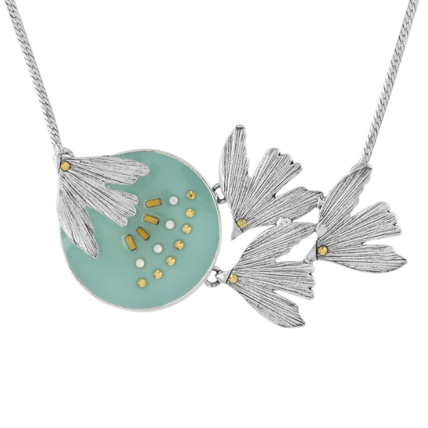 Image of pretty necklace using birds as feature with hand painted blue resin and rhinestones on silver plated finish.