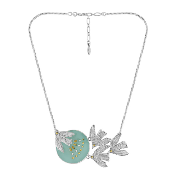 Image of pretty necklace using birds as feature with hand painted blue resin and rhinestones on silver plated finish.