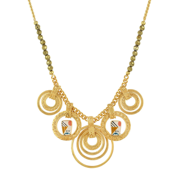 Image of elegant stylish necklace with multi gold disc dangles and hand painted motif on golden metal finish.