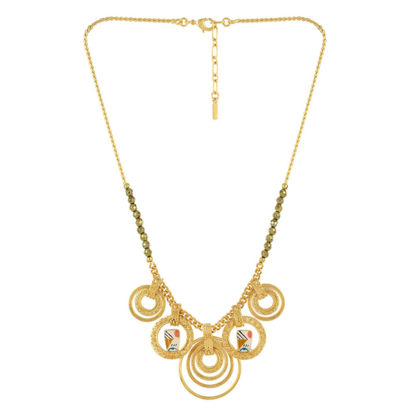 Image of elegant stylish necklace with multi gold disc dangles and hand painted motif on golden metal finish.