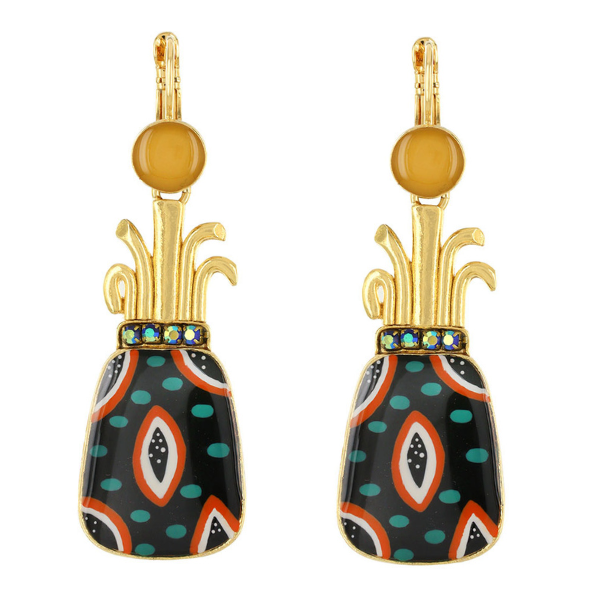 Image of quirky french hook earrings in the shape of pineapple hand painted multicolours on gold metal finish.