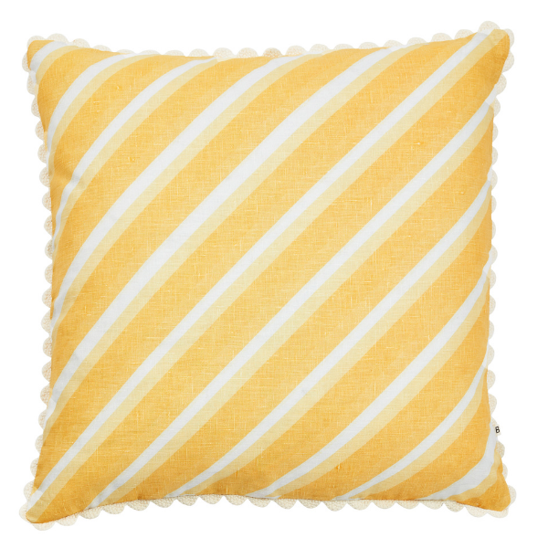 Image of Dina Stripe Vanilla Cushion 60cm x 60cm cushion with a cream scalloped trim.