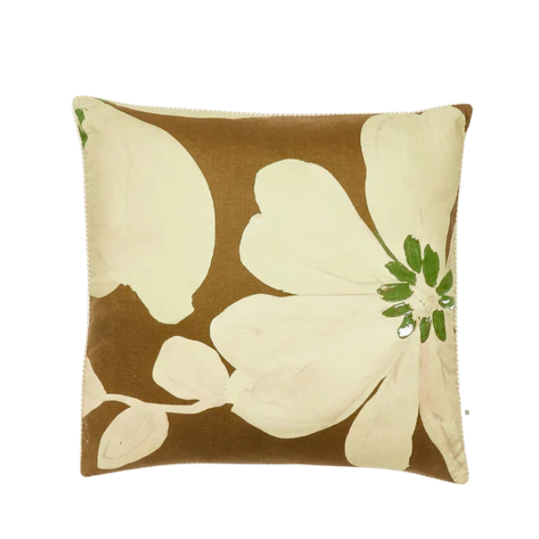 Image of 60 x 60 cm cushion with Moss flowers on linen finished with a natural raffia trim.