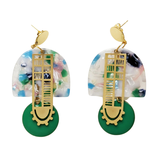 Image of art deco inspired earrings with green and brass elements.