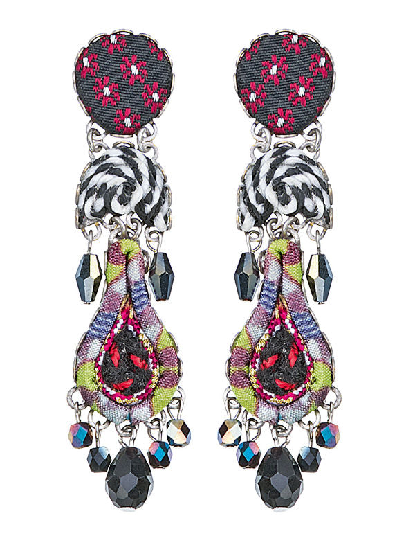 Image of dangle earrings made skillfully by hand using coloured textiles, glass and metals.