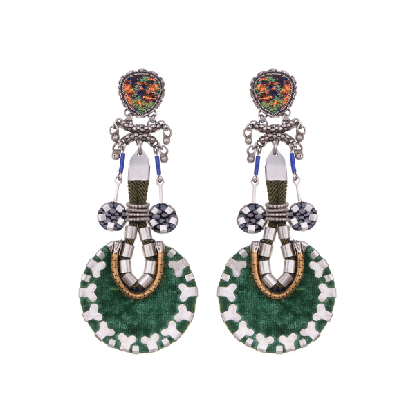 Image of dangle earrings 100% handcrafted and contains silver plated brass and metal alloys, glass beads, ceramic stones, crystal rhinestones and fabrics.