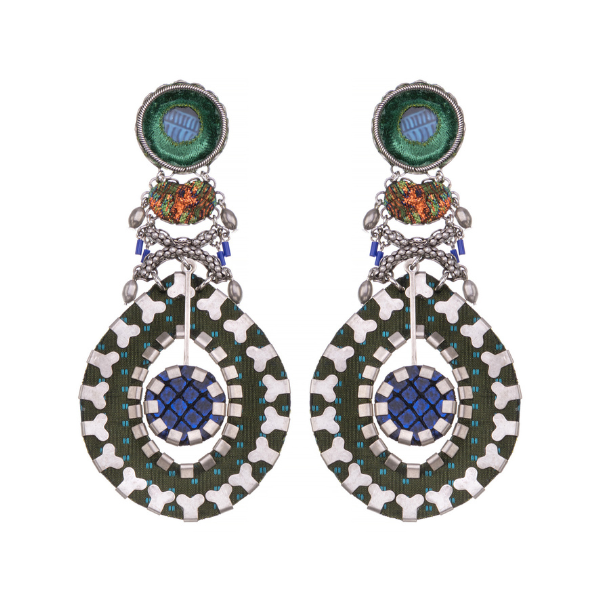 Image of dangle earrings made skillfully by hand using coloured textiles, glass and metals.