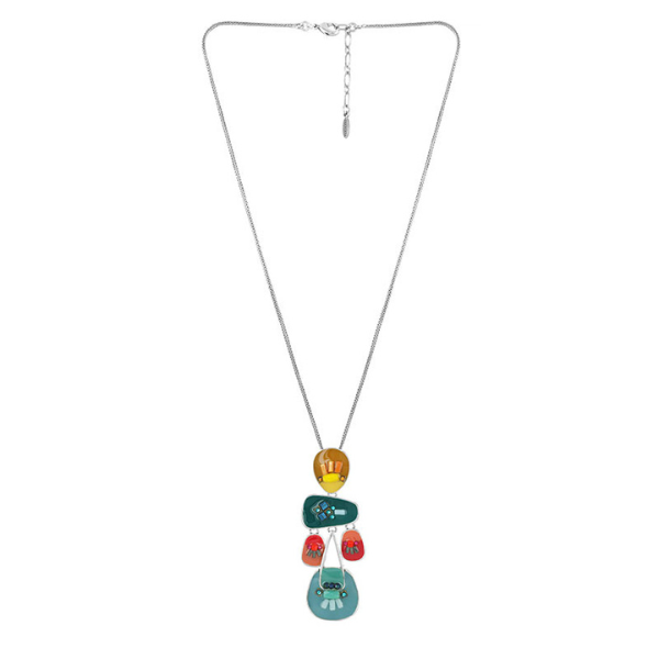 Image of hand painted multi coloured stones long dangle necklace on silver metal finish.