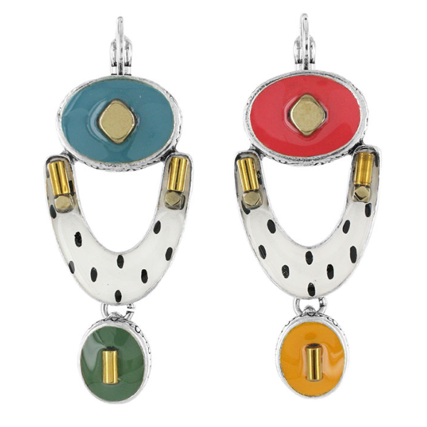 Image of funky dangle earrings encrusted with hand painted patterns and stones in multicolours.