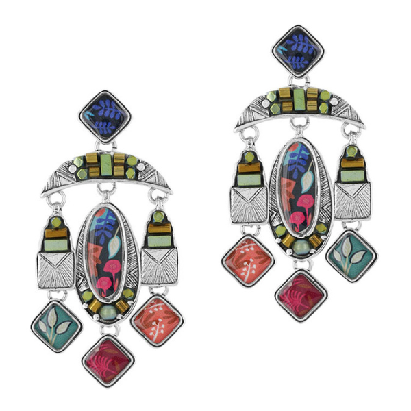 Image of stunning dangle earrings encrusted with hand painted patterns and stones in multicolours.