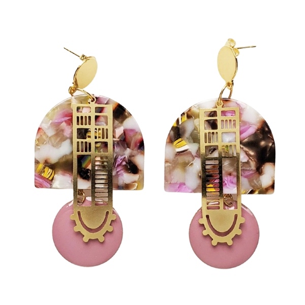 Image of art deco inspired earrings with mauve and brass elements.