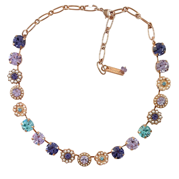 Image of stunning turquoise and lilac Swarovski crystal necklace. Faux pearl highlights.