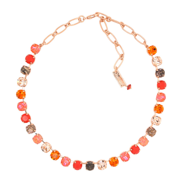 Image of 18ct rose gold plated necklace embellished with orange, black and champagne crystals.