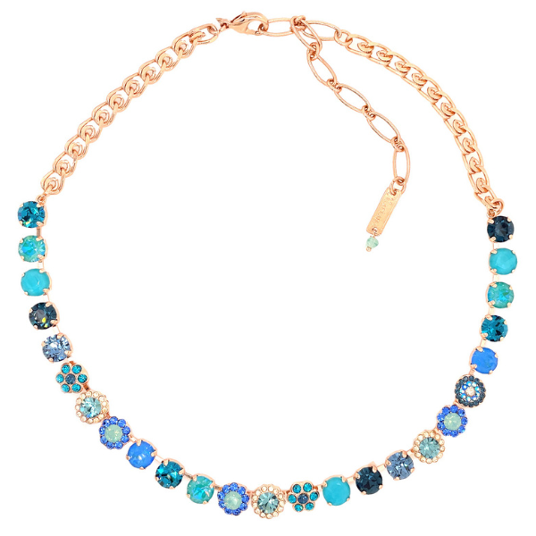 Image of Swarovski crystal necklace with cobalt, turquoise and having crystals. Rose Gold plated chain.