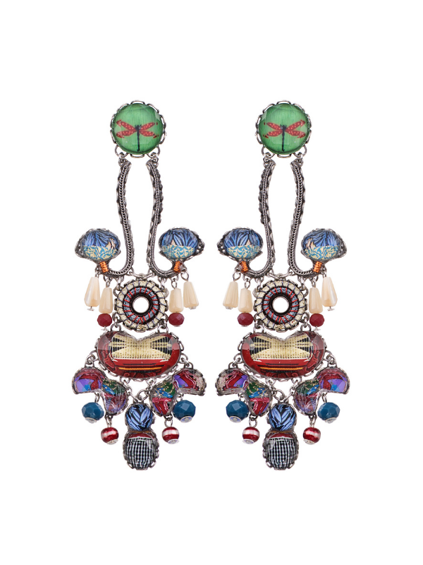 Colourful Kaleidoscope forms part of Ayala Bar&#39;s Radiance Jewellery Collection from her Winter 2021 Range. A delicate dragonfly print on a green background is a featured theme and has been co-ordinated with crimson red and cobalt blue to make this a stunning, outstanding collection.