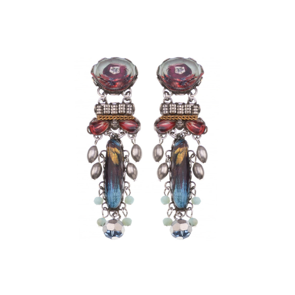 Image of dangle earrings made skillfully by hand using coloured textiles, glass and metals.