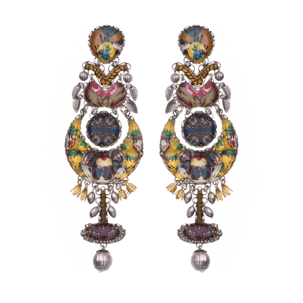 Image of dangle earrings made skillfully by hand using coloured textiles, glass and metals.