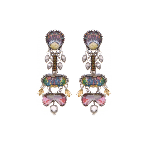 Image of dangle earrings 100% handcrafted and contains silver plated brass and metal alloys, glass beads, ceramic stones, crystal rhinestones and fabrics.