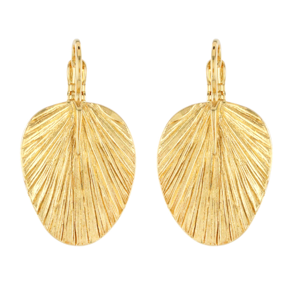 Image of gold plated leaf earrings on french hook.