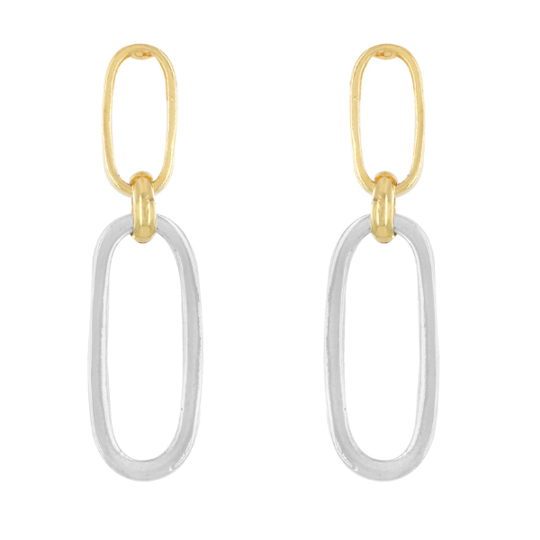 Image of small gold plated oblong shaped earrings with larger oblong silver dangle.