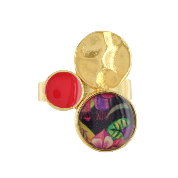 Image of gold plated ring with hand painted patterns on circles.