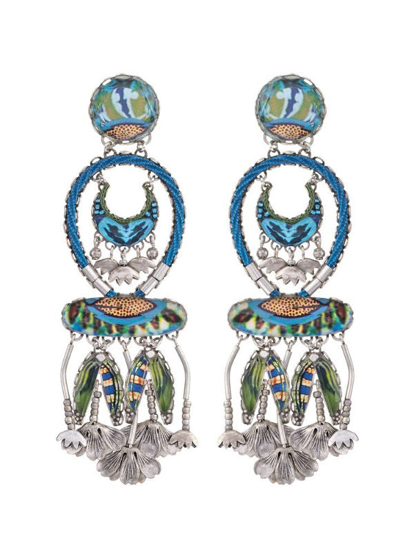 Image of gorgeous statement earrings in every sense of the word. Measuring 9.4cm in length, these Radiance earrings from Ayala Bar have been set in bright, mid-tone blue highlighted with green and yellow.